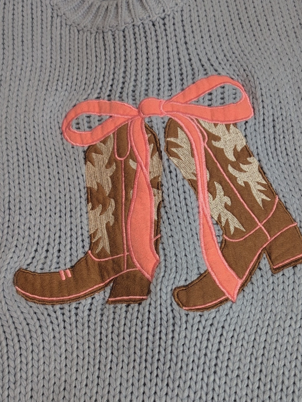 BaeVely Cowboy Boot Bow Sweater M/L Blue Pink Western Cowgirl Oversized Knit